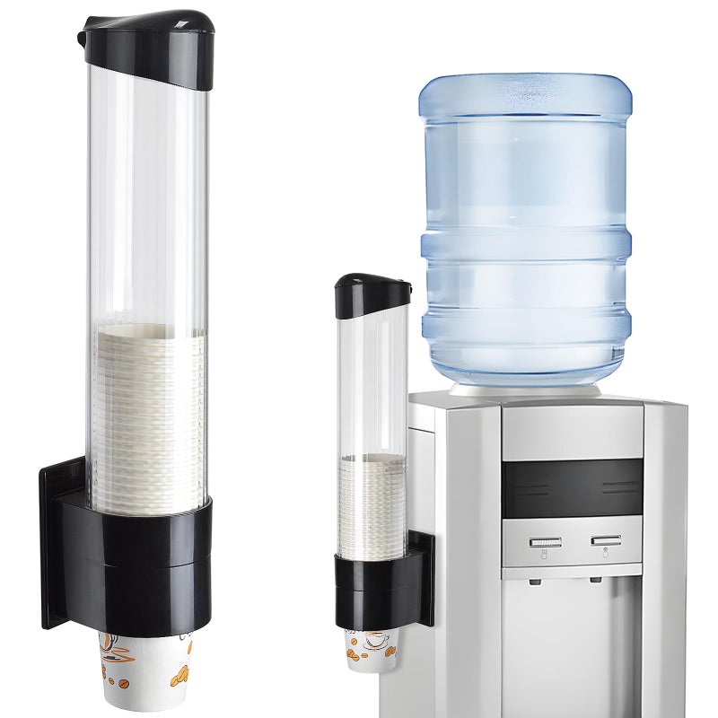 LBTING Cup Dispenser, Water Cooler Pull Type Cup Holder Fits 7oz - 12oz Cone or Flat Bottom Cups, Paste or Screw Plate Wall Mount, 16.9" Tube Length Black - Image 1